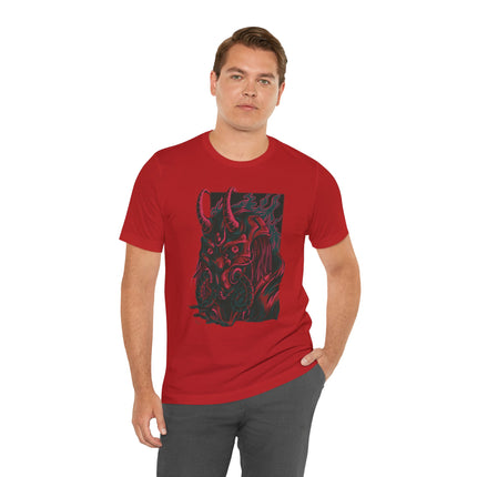 Oni Demon Samurai Unisex T-Shirt – Cyberpunk Alt Streetwear, Japanese Punk Rock Mask, Unique Goth Metal Neon Tee