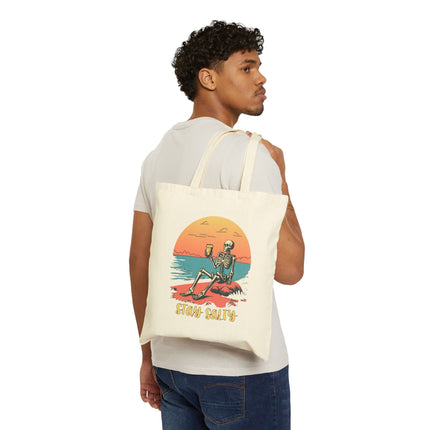Stay Salty Canvas Tote Bag, Skeleton Relaxing on the Beach, Perfect for shopping & gifting. Sunset, funky, playful, sassy, shoulder bag.