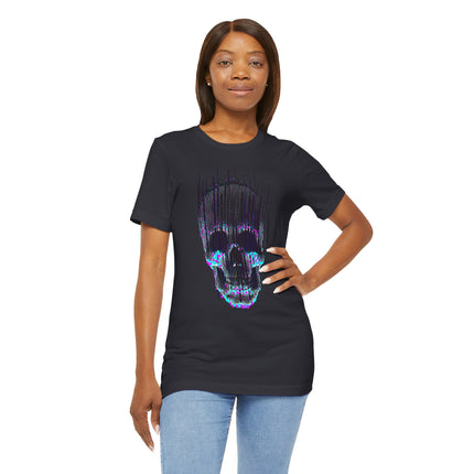 Digital Distortion Skull Unisex T-Shirt – Neon Glitch Skull Design Perfect for Rockers, Metalheads, Goth, Punk & Alt Lovers