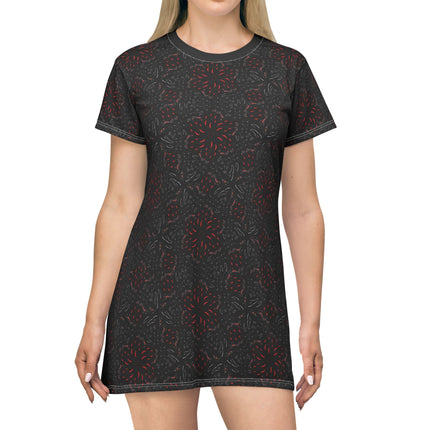 Midnight Bloom T-Shirt Dress – Cute Punk Kawaii Pattern, Black and Red Gothic Floral Print, Alt Unique Halloween Shirt Mini
