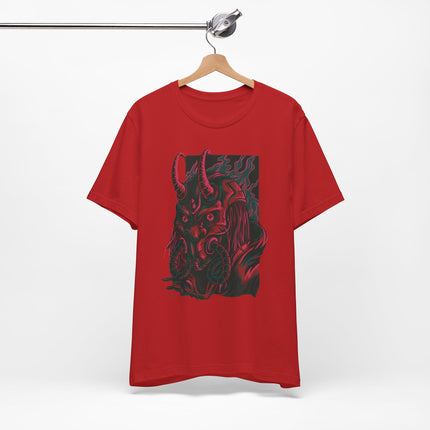 Oni Demon Samurai Unisex T-Shirt – Cyberpunk Alt Streetwear, Japanese Punk Rock Mask, Unique Goth Metal Neon Tee