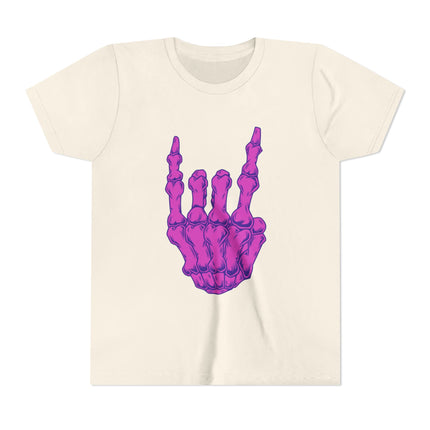 Rock On Bones Unisex Kids Tee - Fun Skeleton Hand, Casual Style, Cool Music Graphic Tee for Youth Rockers & Metal Fans – 9 Colors
