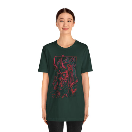 Oni Demon Samurai Unisex T-Shirt – Cyberpunk Alt Streetwear, Japanese Punk Rock Mask, Unique Goth Metal Neon Tee