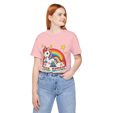 Rainbow 'Hail Satan' Unicorn T-Shirt – Cute Pastel Goth, Punk, Rocker & Alt Graphic Tee, Perfect for lovers of different