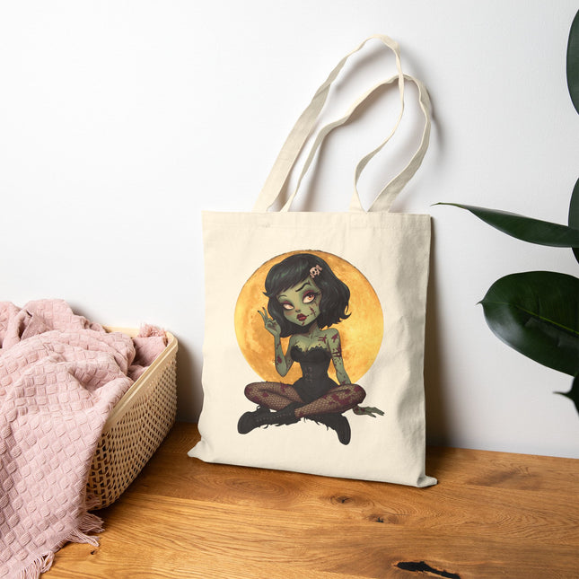 Zombie Girl Canvas Tote Bag - Cute Gothic Punk Graphic, Kawaii Alt Aesthetic Shopper, Rocker and Metalhead friendly
