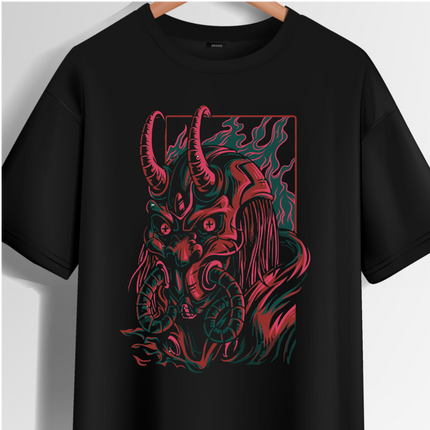 Oni Demon Samurai Unisex T-Shirt – Cyberpunk Alt Streetwear, Japanese Punk Rock Mask, Unique Goth Metal Neon Tee