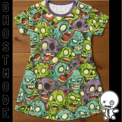 ZombieHead Shirt Dress – A-Line Gothic Punk Horror Cute, Colorful Zombie Skull Print, Alt Unique Halloween Outfit