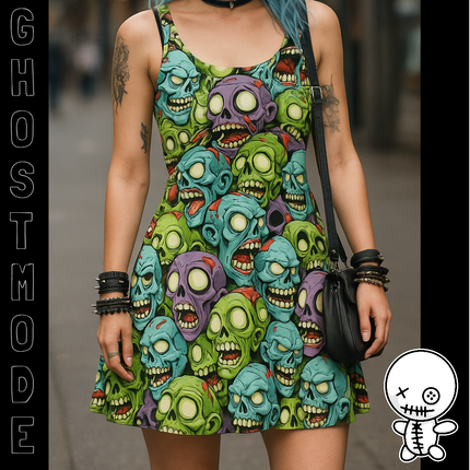ZombieHead Skater Dress - Cute Skull Zombie Print, Punk Goth Alt Kawaii Horror, Strange Weird Pretty Outfit