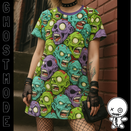 ZombieHead Shirt Dress – A-Line Gothic Punk Horror Cute, Colorful Zombie Skull Print, Alt Unique Halloween Outfit