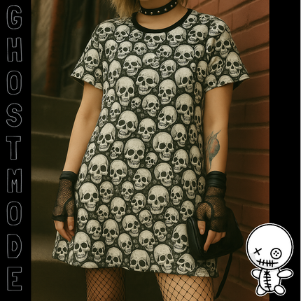 Skull Hoard T-Shirt Dress - Punk Goth Funky Mini Dress, Edgy Grunge Shirt Dress, Alt Unique Clothing