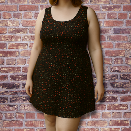 Midnight Bloom Skater Dress - Black & Red Abstract Pattern, Edgy Punk Rock Streetwear, Grunge Goth Alt Kawaii Sk8er