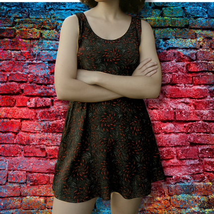 Midnight Bloom Skater Dress - Black & Red Abstract Pattern, Edgy Punk Rock Streetwear, Grunge Goth Alt Kawaii Sk8er