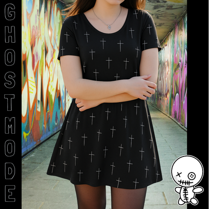 Black Cross T-Shirt Dress – A-Line Gothic Punk Horror Cute, Black and White Cross, Alt Unique Halloween Shirt Mini