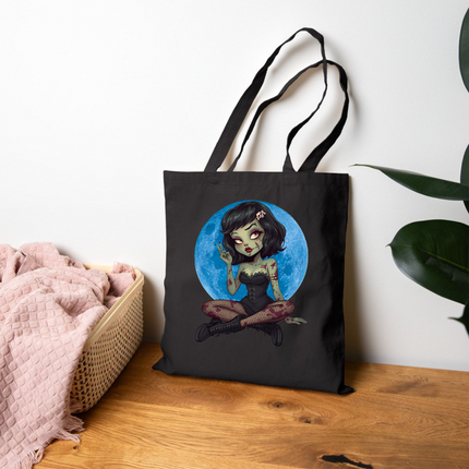 Blue Moon Zombie Girl Canvas Tote Bag - Cute Gothic Punk Graphic, Kawaii Alt Aesthetic Shopper, Rocker and Metalhead friendly