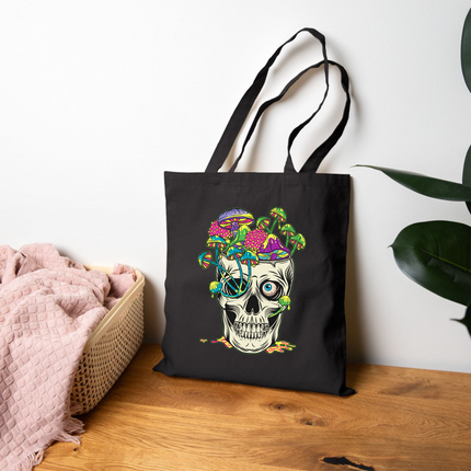 Mushroom Skull Canvas Tote Bag - Cute Gothic Punk Graphic, Kawaii Alt Aesthetic Shopper, Rocker and Metalhead friendly