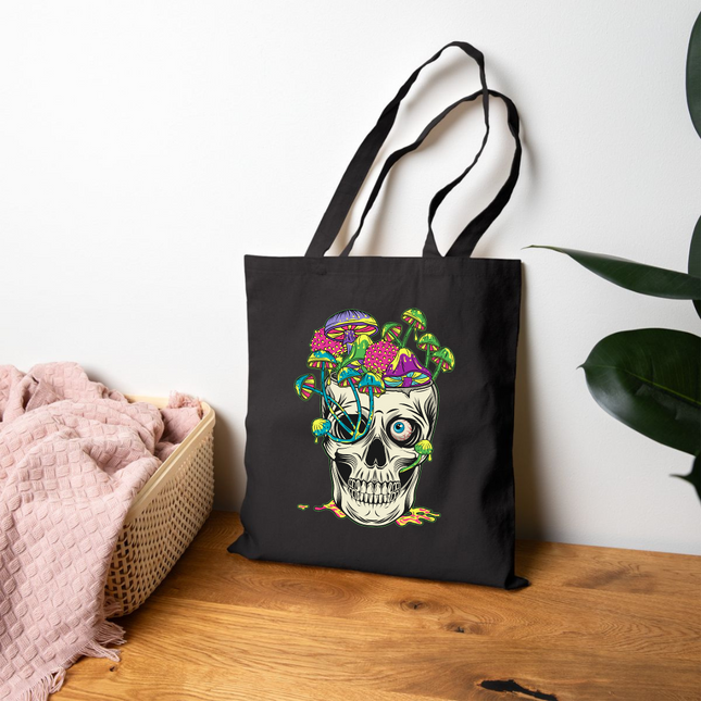 Mushroom Skull Canvas Tote Bag - Cute Gothic Punk Graphic, Kawaii Alt Aesthetic Shopper, Rocker and Metalhead friendly