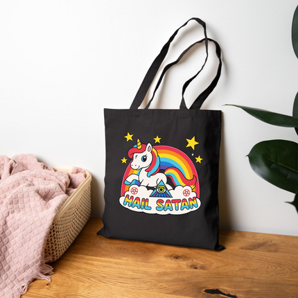 Hail Satan Rainbow Unicorn Tote Bag – Cute Pastel Goth, Kawaii, Punk & Alt Aesthetic Shopper, Rocker & Metalhead friendly