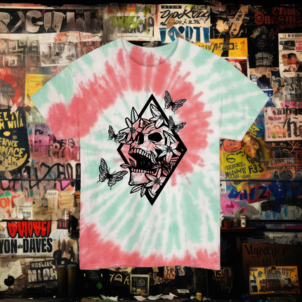 Butterfly Skull Tie-Dye Unisex Tee – Boho Gothic Mystical Graphic T-Shirt, Dark Aesthetic Top, Alternative Edgy Floral Streetwear