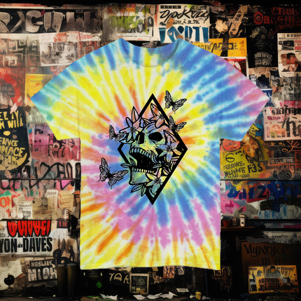 Butterfly Skull Tie-Dye Unisex Tee – Boho Gothic Mystical Graphic T-Shirt, Dark Aesthetic Top, Alternative Edgy Floral Streetwear