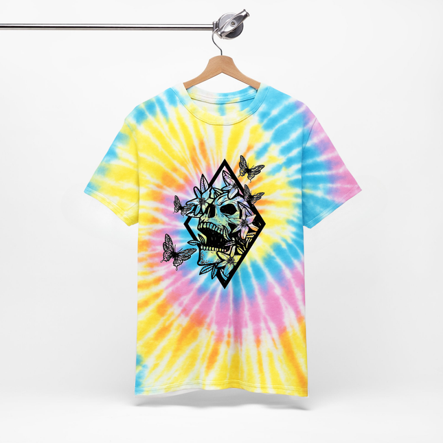Butterfly Skull Tie-Dye Unisex Tee – Boho Gothic Mystical Graphic T-Shirt, Dark Aesthetic Top, Alternative Edgy Floral Streetwear