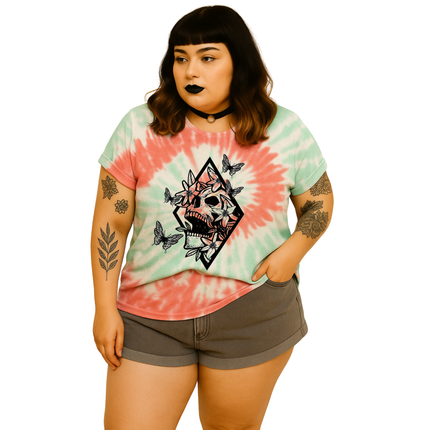 Butterfly Skull Tie-Dye Unisex Tee – Boho Gothic Mystical Graphic T-Shirt, Dark Aesthetic Top, Alternative Edgy Floral Streetwear