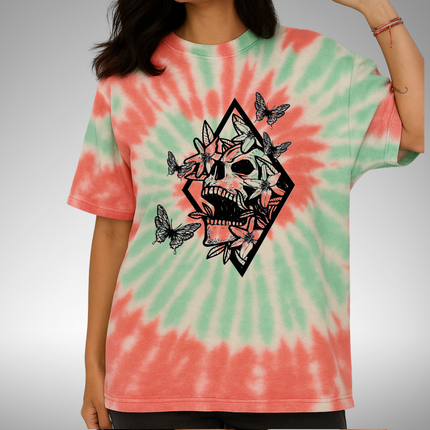 Butterfly Skull Tie-Dye Unisex Tee – Boho Gothic Mystical Graphic T-Shirt, Dark Aesthetic Top, Alternative Edgy Floral Streetwear