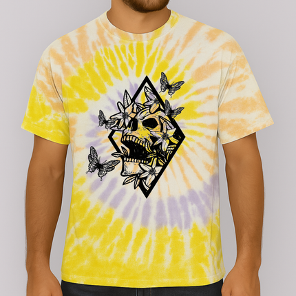 Butterfly Skull Tie-Dye Unisex Tee – Boho Gothic Mystical Graphic T-Shirt, Dark Aesthetic Top, Alternative Edgy Floral Streetwear
