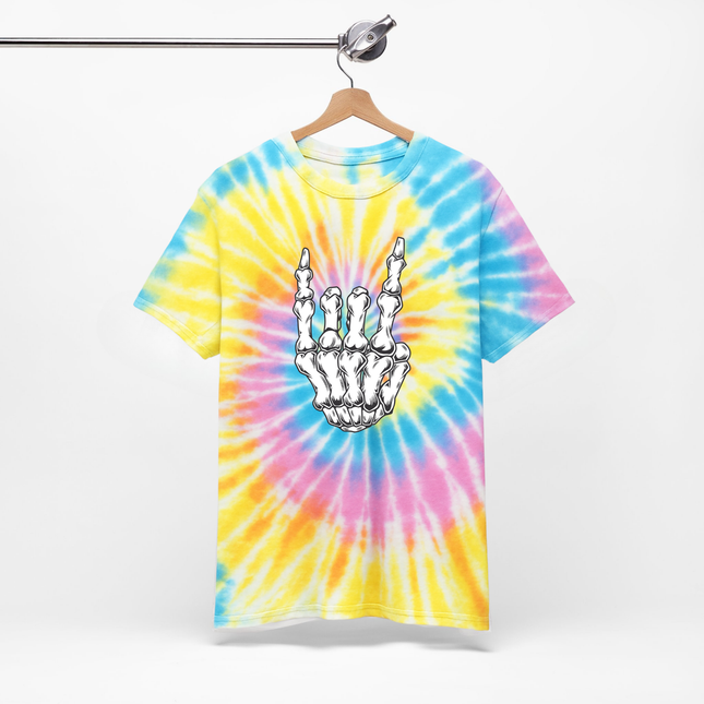 Skeleton Metal Horns Tie-Dye Unisex Tee – Rock Hand Backside Print T-Shirt for Metalheads, Festival Rave Music, Grunge Alt Streetwear for Rebels & Misfits