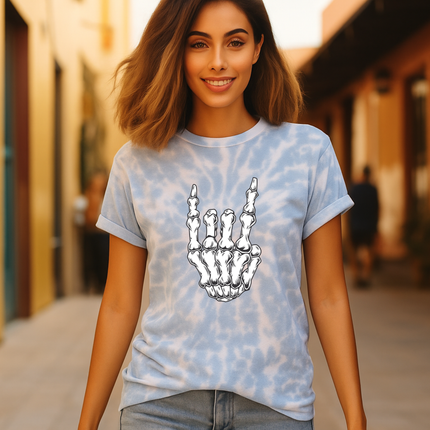 Skeleton Metal Horns Tie-Dye Unisex Tee – Rock Hand Backside Print T-Shirt for Metalheads, Festival Rave Music, Grunge Alt Streetwear for Rebels & Misfits