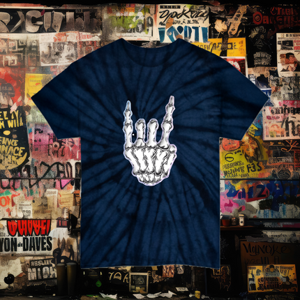 Skeleton Metal Horns Tie-Dye Unisex Tee – Rock Hand Backside Print T-Shirt for Metalheads, Festival Rave Music, Grunge Alt Streetwear for Rebels & Misfits