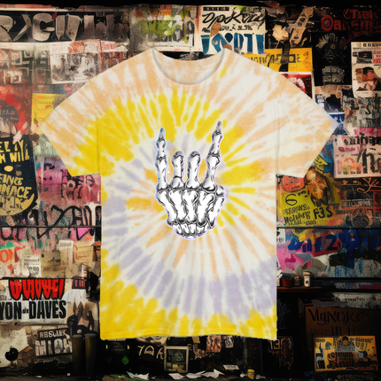 Skeleton Metal Horns Tie-Dye Unisex Tee – Rock Hand Backside Print T-Shirt for Metalheads, Festival Rave Music, Grunge Alt Streetwear for Rebels & Misfits