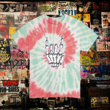 Skeleton Metal Horns Tie-Dye Unisex Tee – Rock Hand Backside Print T-Shirt for Metalheads, Festival Rave Music, Grunge Alt Streetwear for Rebels & Misfits