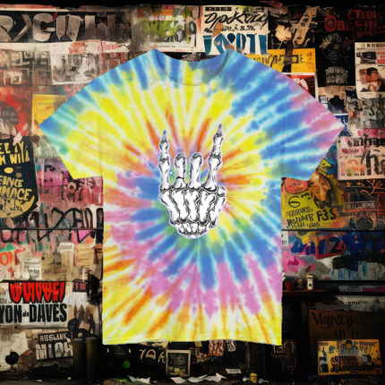 Skeleton Metal Horns Tie-Dye Unisex Tee – Rock Hand Backside Print T-Shirt for Metalheads, Festival Rave Music, Grunge Alt Streetwear for Rebels & Misfits