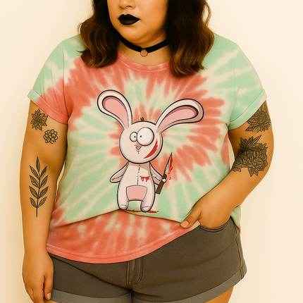 Killer Bunny Tie-Dye Unisex Tee - Kawaii Goth Alt Pastel Horror Aesthetic Shirt, Creepy Cute but Twisted Graphic Tee in 5 Color Options