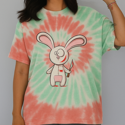 Killer Bunny Tie-Dye Unisex Tee - Kawaii Goth Alt Pastel Horror Aesthetic Shirt, Creepy Cute but Twisted Graphic Tee in 5 Color Options