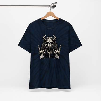 Skull Devil Horns Tie-Dye Unisex Tee - Metalhead Rocker Grunge T-Shirt, Skeleton Festival Shirt, Gothic Skull & Horns Design, Rock & Metal Streetwear