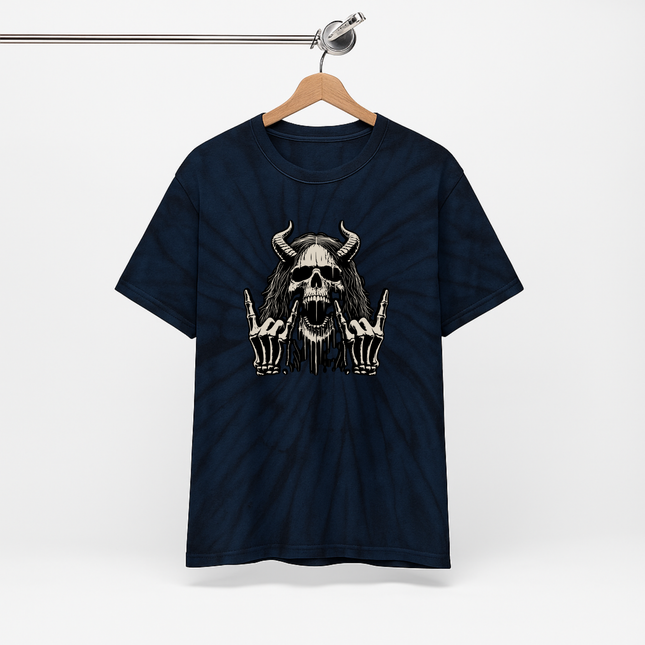 Skull Devil Horns Tie-Dye Unisex Tee - Metalhead Rocker Grunge T-Shirt, Skeleton Festival Shirt, Gothic Skull & Horns Design, Rock & Metal Streetwear