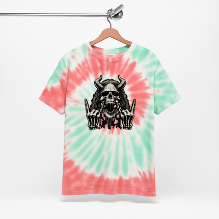 Skull Devil Horns Tie-Dye Unisex Tee - Metalhead Rocker Grunge T-Shirt, Skeleton Festival Shirt, Gothic Skull & Horns Design, Rock & Metal Streetwear