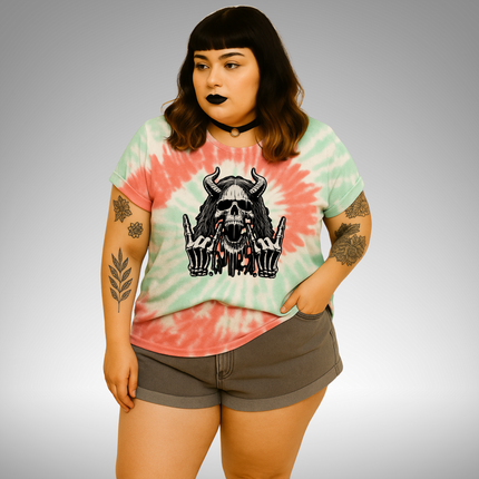 Skull Devil Horns Tie-Dye Unisex Tee - Metalhead Rocker Grunge T-Shirt, Skeleton Festival Shirt, Gothic Skull & Horns Design, Rock & Metal Streetwear