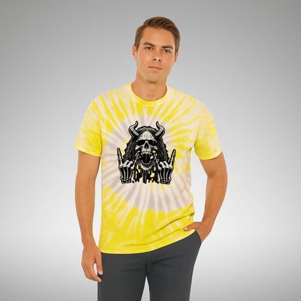 Skull Devil Horns Tie-Dye Unisex Tee - Metalhead Rocker Grunge T-Shirt, Skeleton Festival Shirt, Gothic Skull & Horns Design, Rock & Metal Streetwear