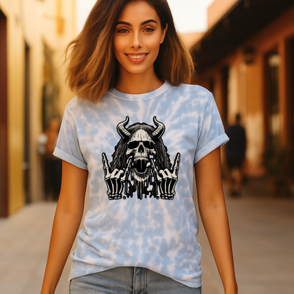 Skull Devil Horns Tie-Dye Unisex Tee - Metalhead Rocker Grunge T-Shirt, Skeleton Festival Shirt, Gothic Skull & Horns Design, Rock & Metal Streetwear