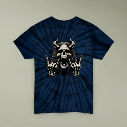 Skull Devil Horns Tie-Dye Unisex Tee - Metalhead Rocker Grunge T-Shirt, Skeleton Festival Shirt, Gothic Skull & Horns Design, Rock & Metal Streetwear