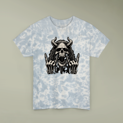 Skull Devil Horns Tie-Dye Unisex Tee - Metalhead Rocker Grunge T-Shirt, Skeleton Festival Shirt, Gothic Skull & Horns Design, Rock & Metal Streetwear
