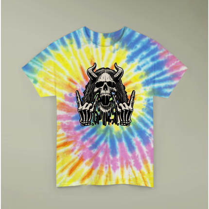 Skull Devil Horns Tie-Dye Unisex Tee - Metalhead Rocker Grunge T-Shirt, Skeleton Festival Shirt, Gothic Skull & Horns Design, Rock & Metal Streetwear