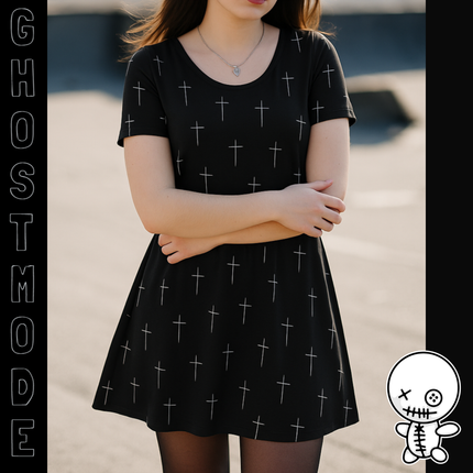 Black Cross T-Shirt Dress – A-Line Gothic Punk Horror Cute, Black and White Cross, Alt Unique Halloween Shirt Mini
