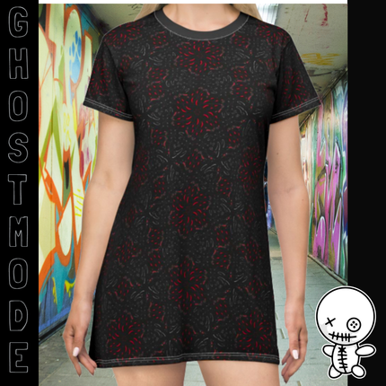 Midnight Bloom T-Shirt Dress – Cute Punk Kawaii Pattern, Black and Red Gothic Floral Print, Alt Unique Halloween Shirt Mini