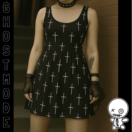 Black Cross Skater Dress - Punk Rock Metal Streetwear, Grunge Goth Alt Kawaii Sk8er, Strange Weird Pretty Outfit