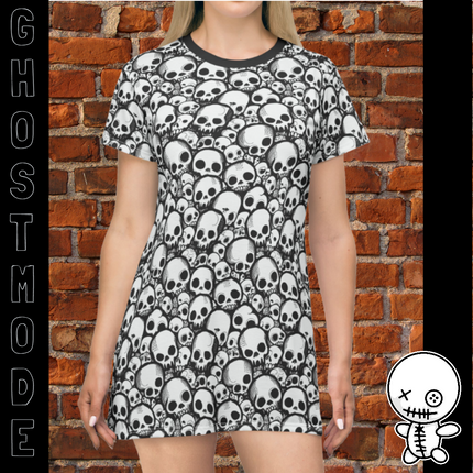 Skull Hoard T-Shirt Dress - Punk Goth Funky Mini Dress, Edgy Grunge Shirt Dress, Alt Unique Clothing