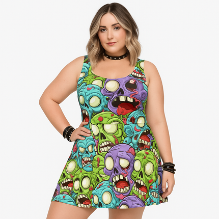 ZombieHead Skater Dress - Cute Skull Zombie Print, Punk Goth Alt Kawaii Horror, Strange Weird Pretty Outfit
