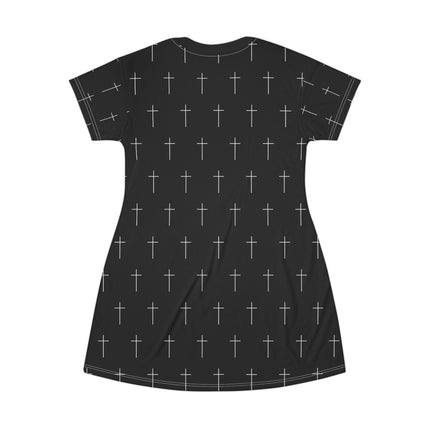 Black Cross T-Shirt Dress – A-Line Gothic Punk Horror Cute, Black and White Cross, Alt Unique Halloween Shirt Mini